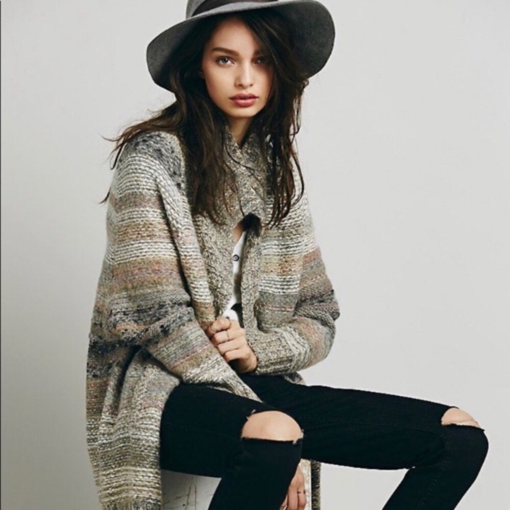 Free People Multi-Tone Open Knit Cardigan in Gray and Tan